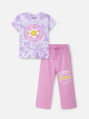Nap Chief Girls Casual T-shirt Trouser(White & Pink_Smiley World)