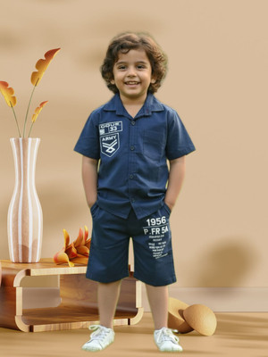 FASHION GRAB Boys Casual Shirt Shorts(Navy Blue)