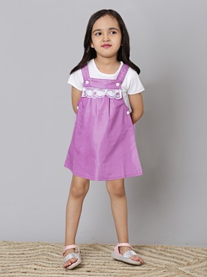 SHOPPERTREE Girls Casual T-shirt Dungaree(Purple,white)