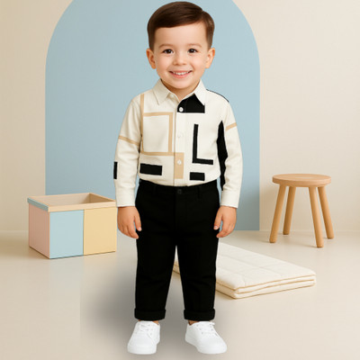 menvy Baby Boys Party(Festive) Shirt Pant(WHITE GEOMETRIC PATTERN)