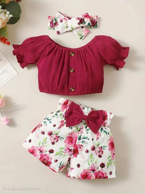 PORPY Girls Party(Festive) Top Shorts, Hairband(Maroon)