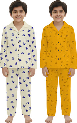 UNFLD Kids Nightwear Boys & Girls Printed Cotton Blend(Multicolor Pack of 2)
