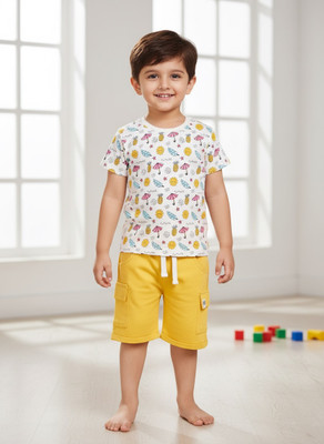 LITTLE NINJA Baby Boys Casual T-shirt Shorts(White and Yellow)
