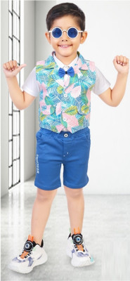 Choo Choo Boys Casual Waistcoat Shirt, Shorts(Blue)