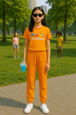 Bubble Berry Baby Girls Casual T-shirt Trouser(Orange)