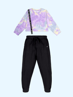 KiddoPanti Girls Casual T-shirt Track Pants(Lavender & Yellow & Jet Black)