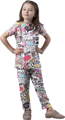 JIG AND JOG Girls Casual T-shirt Trouser(Ice White)