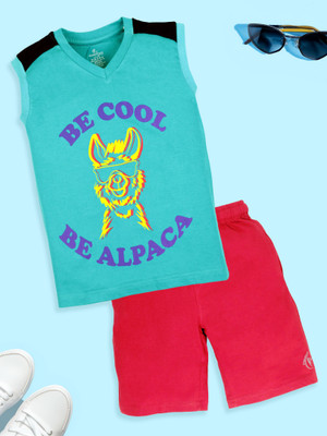 KiddoPanti Boys Casual T-shirt Shorts(Teal & Red)