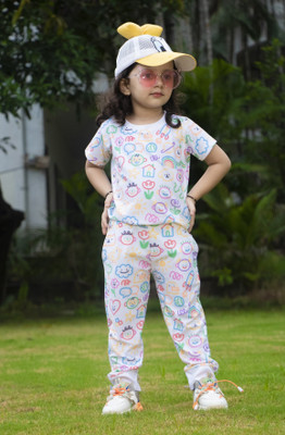 Piku Store Baby Girls Casual T-shirt Track Pants(White-Doodle)