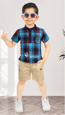 Choo Choo Boys Casual Shirt Shorts(Blue & Tan)