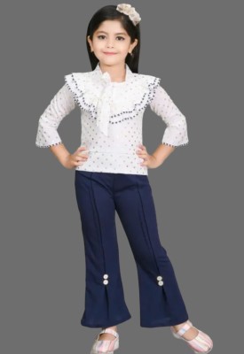 haji taj Baby Girls Party(Festive) Top Pant(White, Dark Blue)