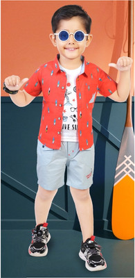 Choo Choo Boys Casual Shirt Shorts, T-shirt(Red & Sky Blue)