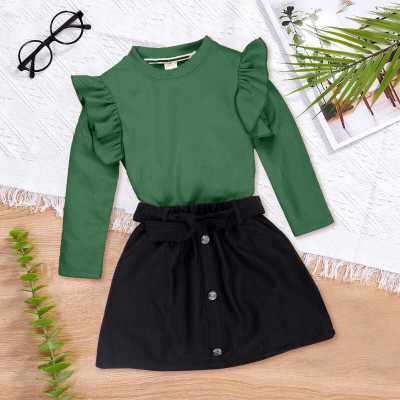PORPY Girls Casual Top Skirt(green, black)
