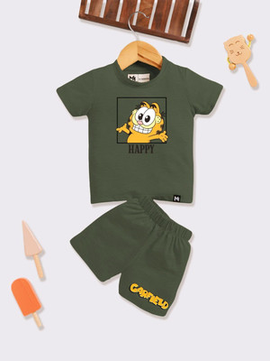 YK X Minute Mirth Boys & Girls Garfield Casual T-shirt Shorts(Olive)