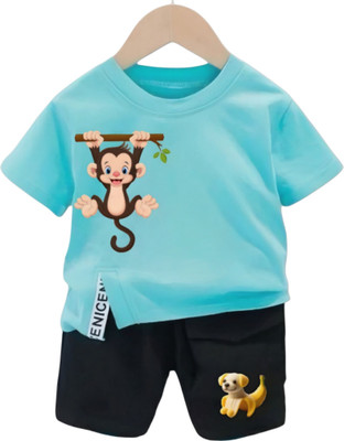 HouseOfCommon Baby Boys & Baby Girls Casual T-shirt Shorts(Light Blue)