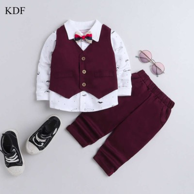 KDF Baby Boys Party(Festive) Shirt Pant, Jacket, Bow Tie(Maroon)