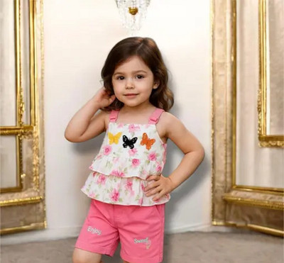 SHIVKUMARSTORE Baby Girls Casual Top Shorts(Pink Frill Top&Short)