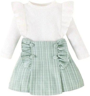 Kiddypo Baby Girls Party(Festive) Top Skirt(White ribbed top, Green pleated skirt)