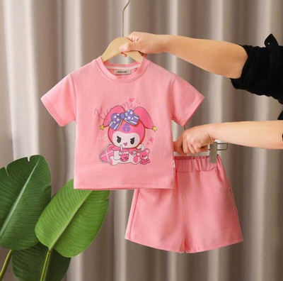 MUSNAHGARMENTS Baby Girls Barbie Casual T-shirt Shorts(Pink)