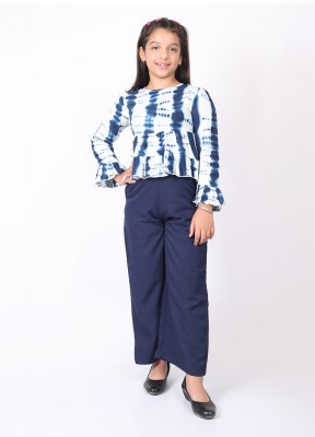 SILK SPARROW Girls Casual Top Pant(White & Navy Blue)