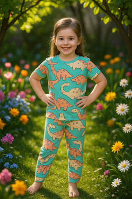 Piku Store Baby Girls Casual T-shirt Track Pants(Green:Dinosaur)