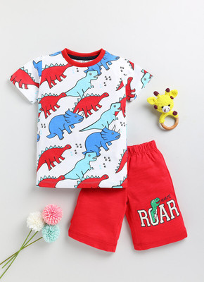 Lazy Shark Boys Casual T-shirt Shorts(White & Red)