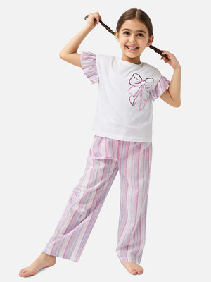 JUNIORS by Babyshop Girls Casual T-shirt Pyjama(White_Purple)
