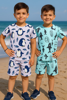 Vcloths Boys Casual T-shirt Shorts(BIG PENGUIN+SHARK)