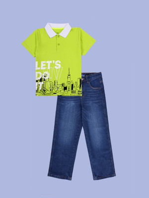 KiddoPanti Boys Casual T-shirt Jeans(Neon Green / Dark Blue)