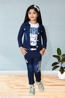 LYZOOENTERPRISE Girls Party(Festive) Jacket Pant, Blazer, T-shirt(BLUE)