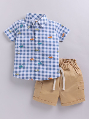 LITTLE NINJA Baby Boys Casual Shirt Shorts(Blue and Beige)
