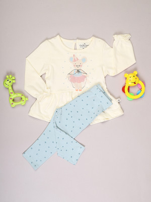 V-MART Baby Girls Casual Top Legging(Off White & Green)