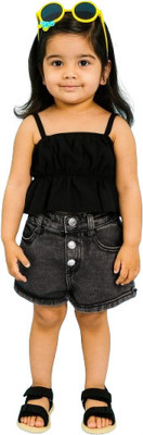 MiniMighty Baby Girls Casual Top Shorts(BLACK)