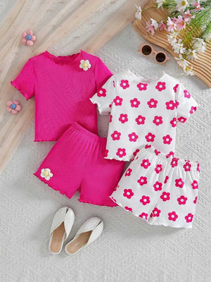 Jsmart Girls Casual T-shirt Shorts(Rani & White)
