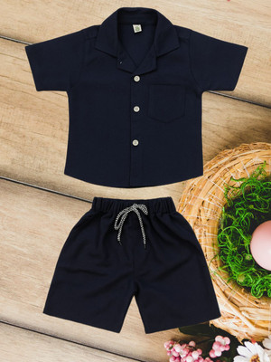 FASHION GRAB Baby Boys Casual Shirt Shorts(Navy Blue)