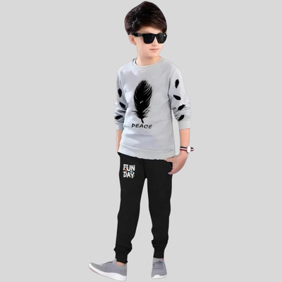 LILBITS Boys Casual T-shirt Track Pants(Grey-Black)