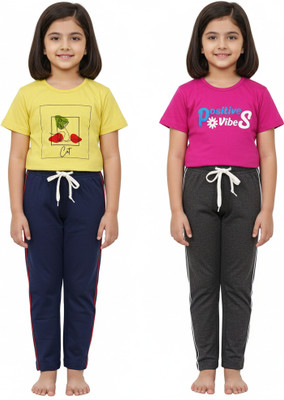 SHAKSI Girls Casual T-shirt Track Pants(YELLOW/RROSE)