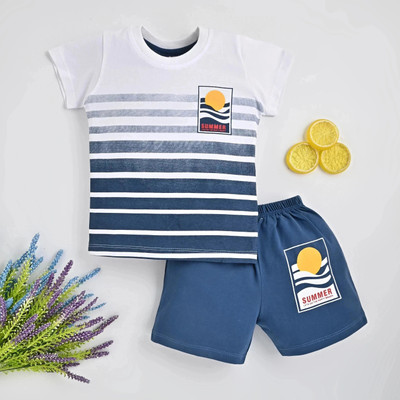 KidsCute Boys Casual T-shirt Shorts(WHITE DARKBLUE)