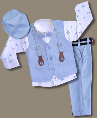 Qutie Ninja Baby Boys Party(Festive) Waistcoat Shirt, Bow Tie, Pant, Cap(BLUE FULL)