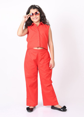 SILK SPAROW Girls Casual Top Pant(Red)