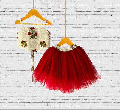 Charan Kanya Baby Girls Party(Festive) Top Skirt(Beige, Maroon)