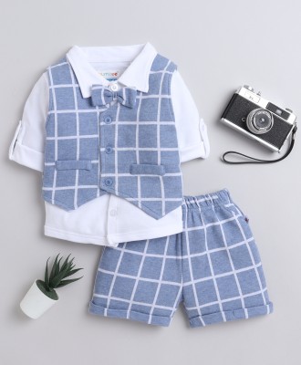 BUMZEE Baby Boys Party(Festive) Shirt Shorts, Waistcoat, Bow Tie(Sky Blue & White)