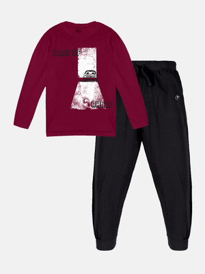 KiddoPanti Boys Casual T-shirt Track Pants(Burgundy & Jet Black)
