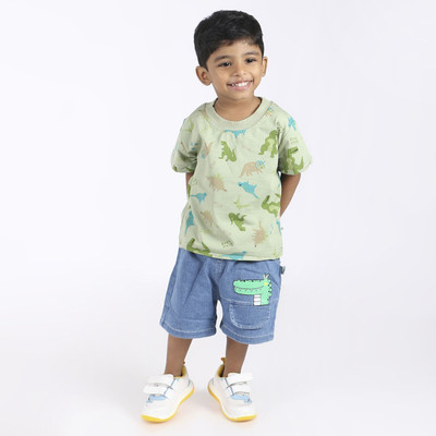 padariya Boys Dinosaur Casual T-shirt Shorts(Green & Blue)