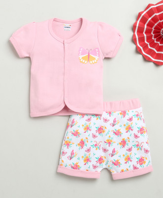 BUMZEE Girls Casual T-shirt Shorts(Pink & White)