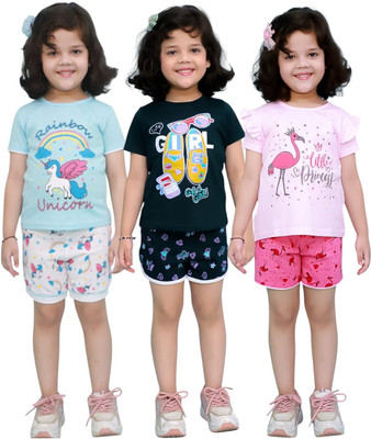Chandrika Girls Casual T-shirt Shorts(SKYBLUE_PINK_BOTTLEGREEN)