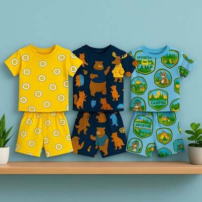 Teddy Housee Baby Boys & Baby Girls Casual T-shirt Shorts(Yellow, Sky Blue & Navy Blue)