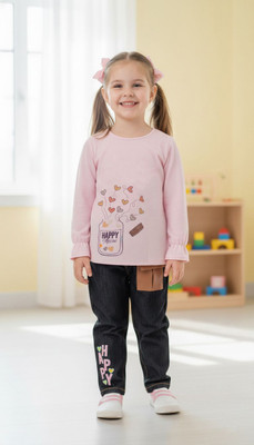 HIKUJ Girls Party(Festive) Top Jeans(Light Pink)