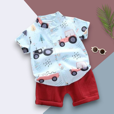 WinsKart Baby Boys & Baby Girls Party(Festive) Shirt Shorts(TRACTOR_SKY_RED)
