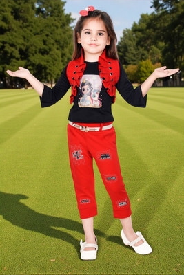 new gen Baby Girls Casual T-shirt Pant, Waistcoat(RED)